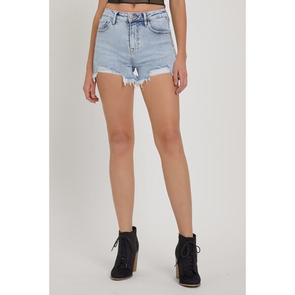Risen Pants - RISEN High Rise Rhinestone Strap Embellished Denim Shorts - RDS6081 - Size Large